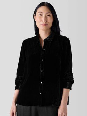 Eileen Fisher, Classic Blue Velvet Collared Button Down Shirt